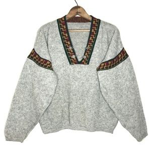 Vintage Gray V-Neck Sweater with Multicolor Accents